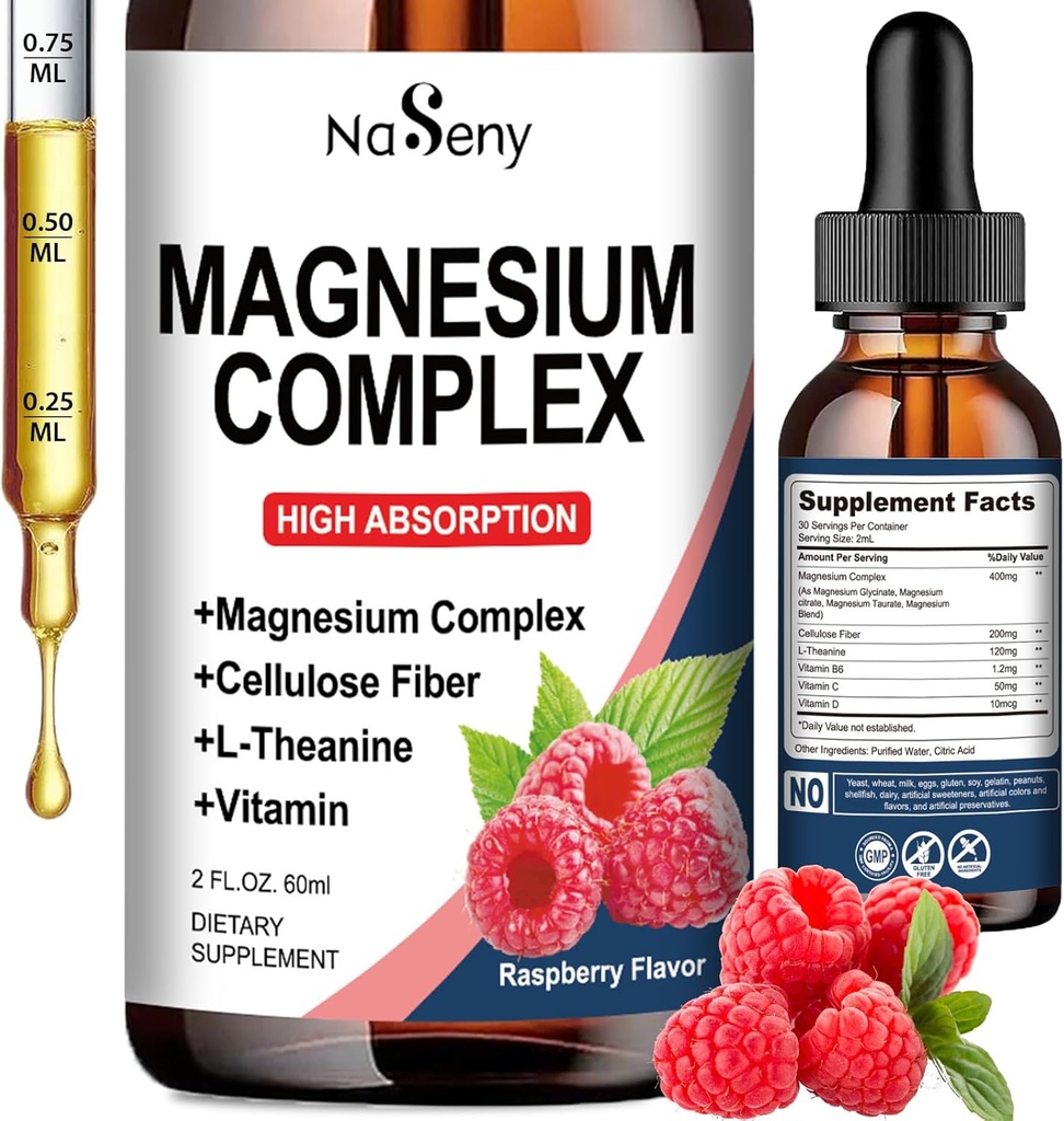 Komplexní doplněk hořčíku, 400 mg Glycinátu hořečnatého, Malate & Citrát Vitamin Blend pro ženy a muže, vysoká absorpce - pro relaxaci, dobrý spánek a nervové zdraví (60ML / Malina)