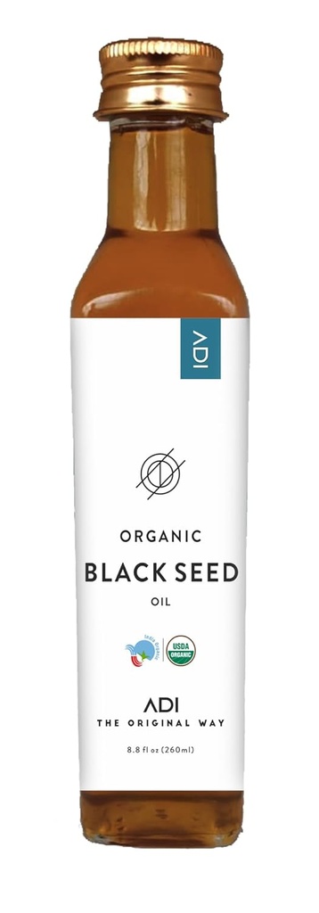 ADI Natural Black Seed Oil 8.8 oz, 100% čistý nerafinovaný studený lisovaný tekutý olej, skleněná láhev, USDA Certified, Nigella Sativa, bohatý na Omega 3-6-9