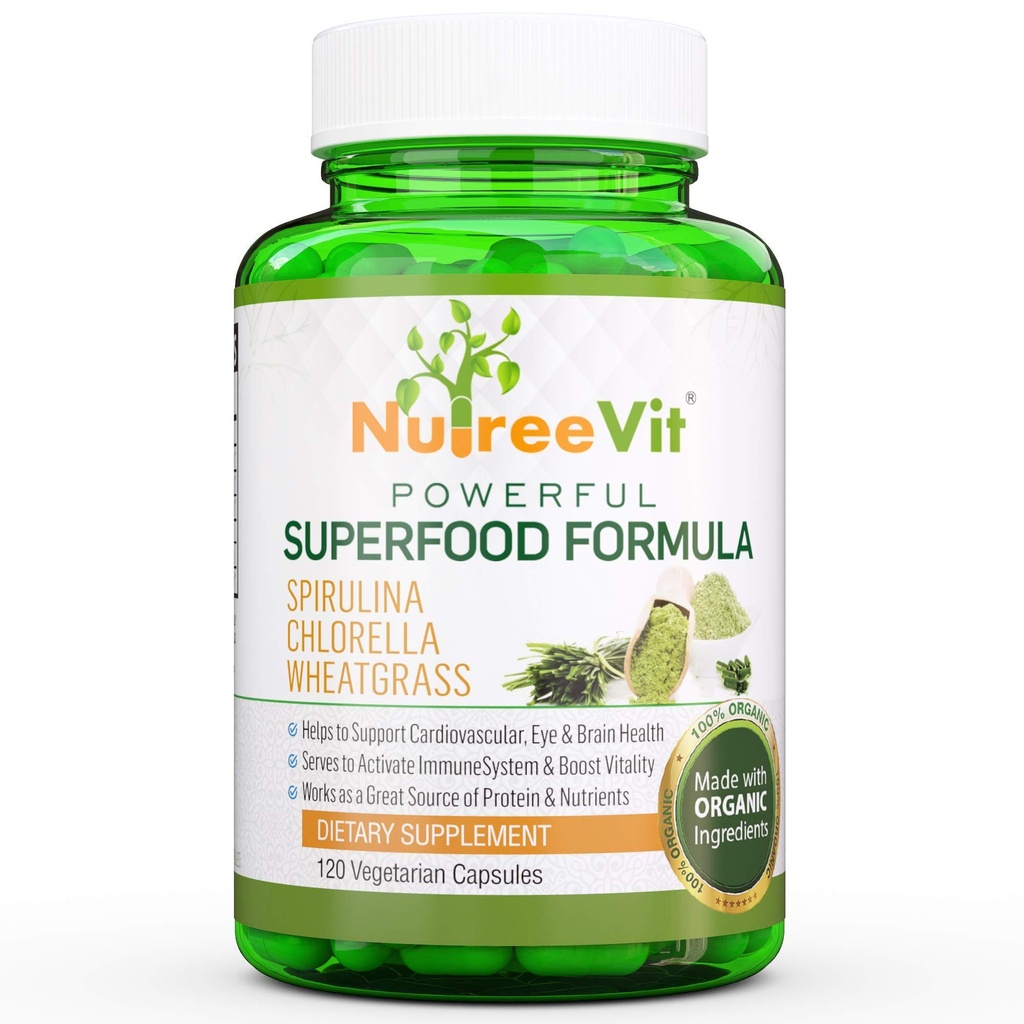 NutreeVit Pure 100% Organic Spirulina + Chlorella + Wheatgrass - Energy Booster, Imunitní podpora, Výkonný Superfood Antioxidant - Veggie Kapsle 124; 500mg