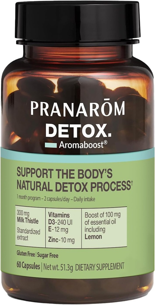 Pranarom - Aromaboost Detox Bylinný dodatek - Eliminuje toxiny a odtoky Tělo - Mléčné třísloviny a zinek - Vitamíny D3 a E - Lemon Essential Oil - 60 Počet