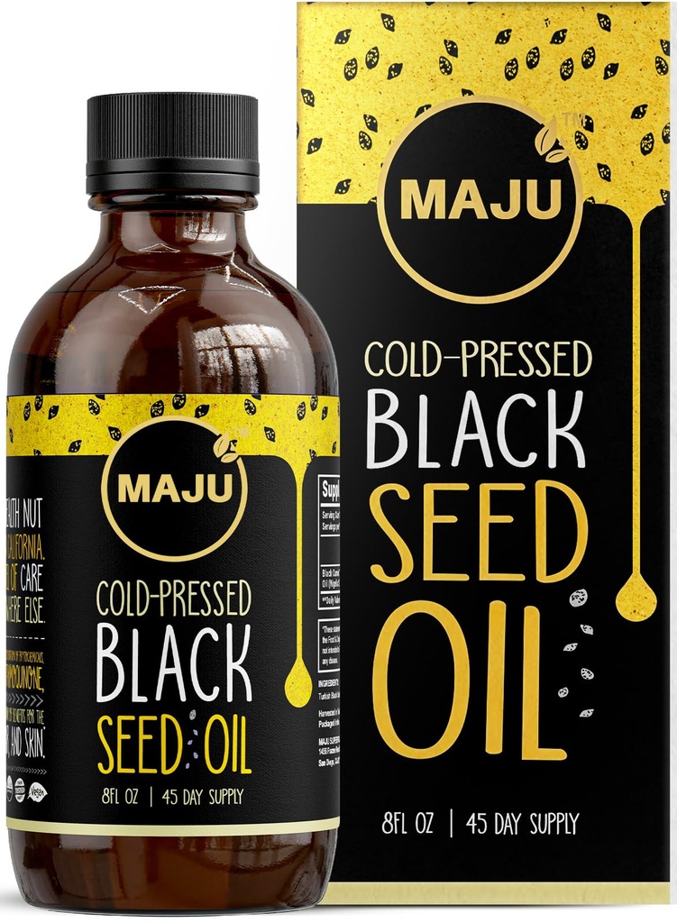 MAJU Black Seed Oil - 3 Times Thymoquinone, Cold- Pressed, 100% turecký černý kmínový olej, tekutý čistý černý olej, skleněná láhev, 8 oz