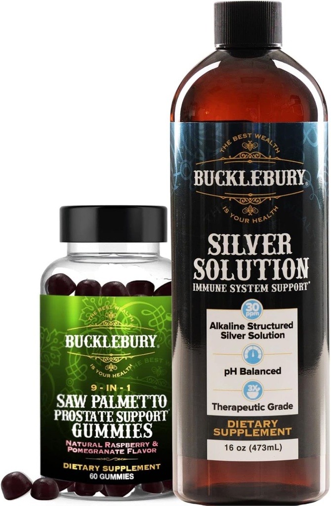 BuckLEBURY Saw Palmetto Prostate Gummies a strukturované tekuté stříbrné řešení 30ppm