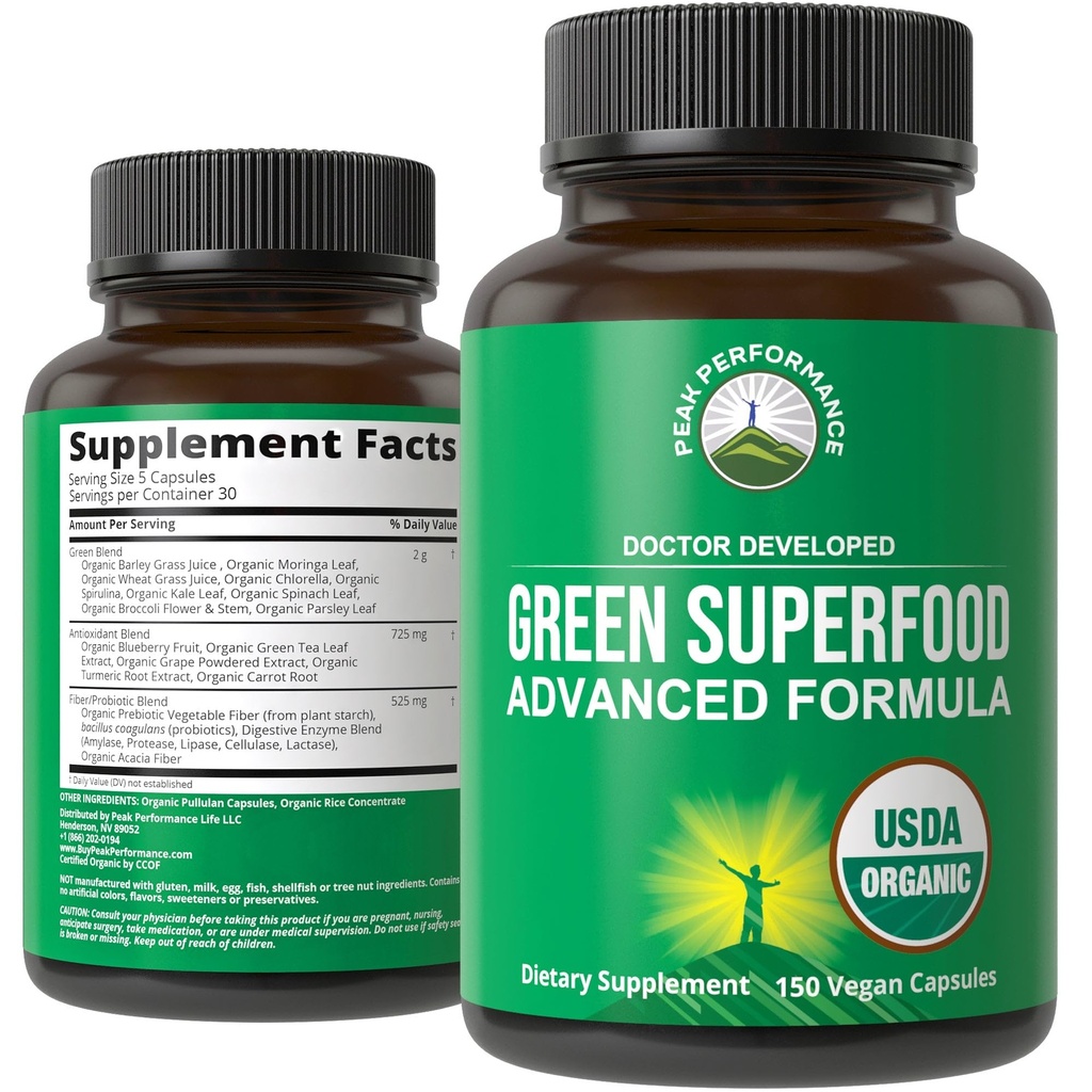 Organic Super Green 150 Kapsle - Zelená šťáva Superfood dodatek s 25 Všechny přírodní organické ingredience. Max Energy a Detox Super Food Pills s Spirulina, Špenát, Kale, Kurkuma, Probiotika