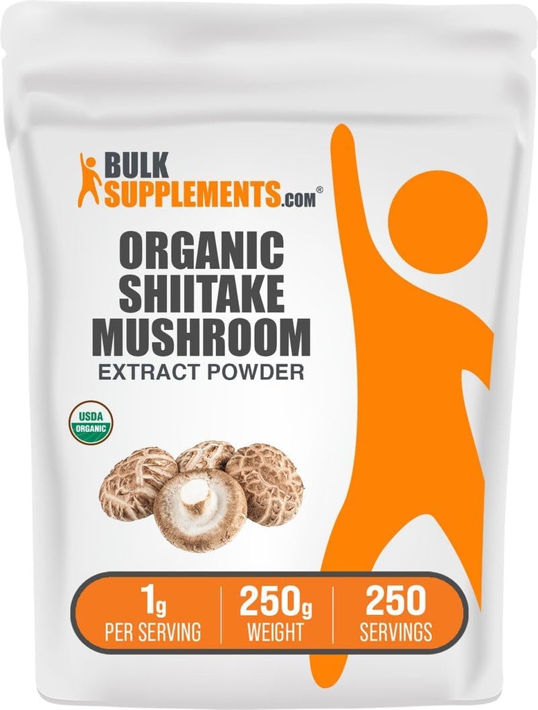 BulkSupplements.com Organic Shiitake Mushroom Extract Powder - Organic Shiitake Mushroom Powder Supplement, Imunitní podpora - Vegan & gluten Free, 1g per Serving, 250g (8.8 oz) (Balení po 1)