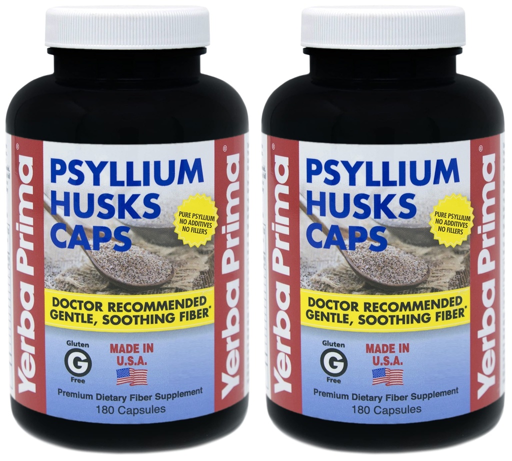Yerba Prima Psylium Husk Caps - 180 Kapsle (Balení po 2) - Snadno polykat doplněk vlákna - Colon Cleanse - Gut Health - Non- GMO gluten zdarma