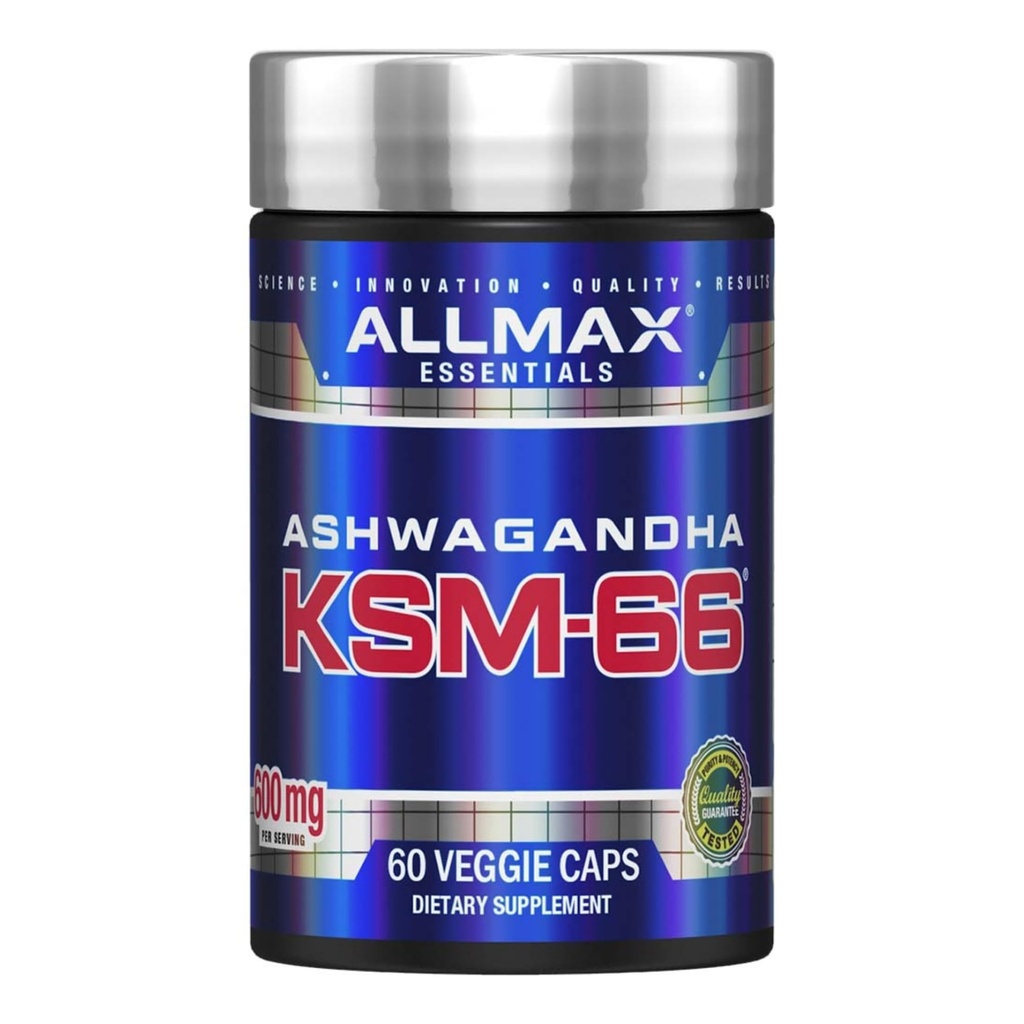 ALLMAX Essentials Ashwagandha KSM-66 (60 Veggie Caps) - Zvýšení svalové síly a zotavení - Non- GMO, gluten zdarma - 30 Služeb