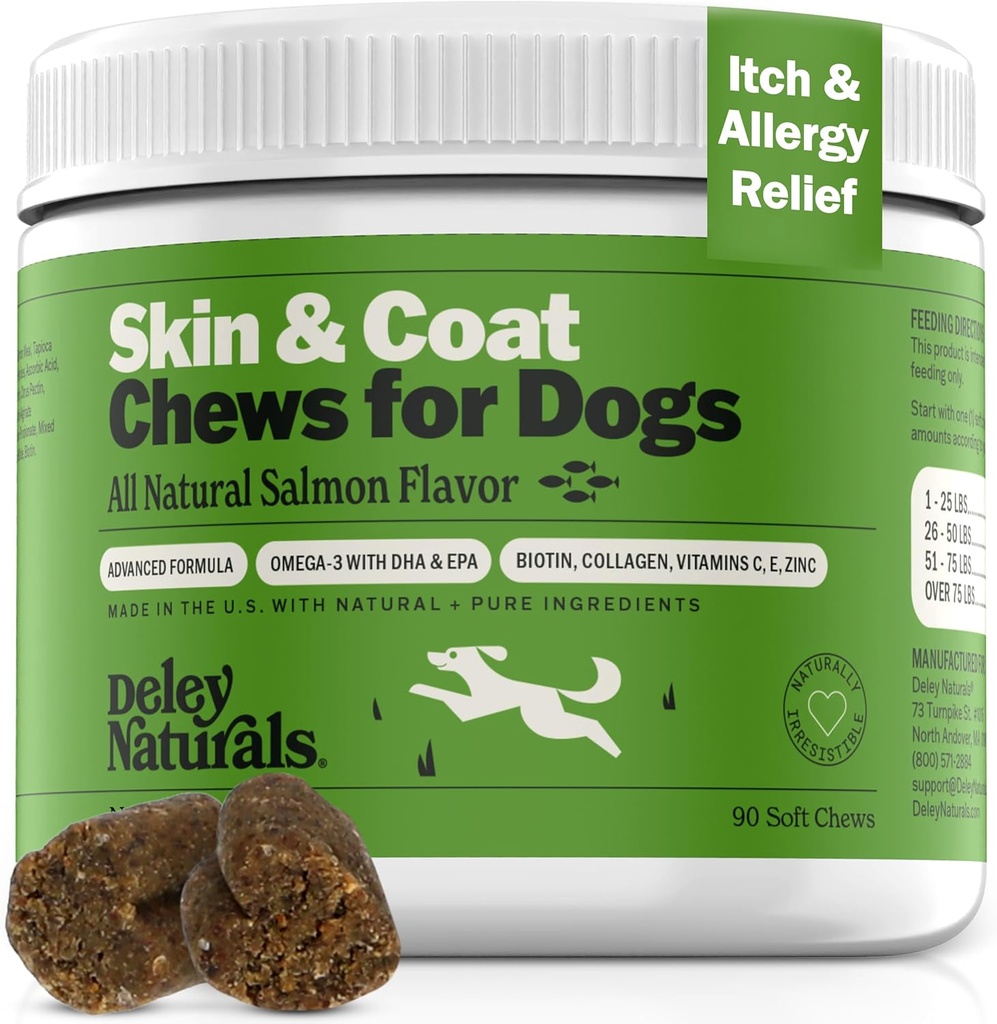 Deley Naturals Please & Coat Chews - Psí alergie Chews with Omega 3 Fish Oil, Biotin, Collagen and Essential Vitamins - Podporuje Psi Sting Skin Relief, Snižuje suchost a Zdravý plášť - Vyrobeno v USA
