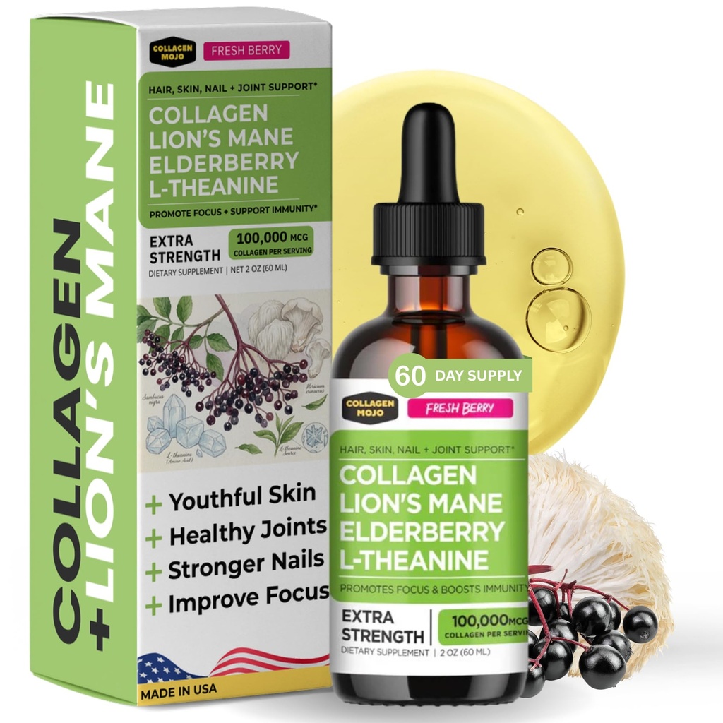 Kolagen Mojo - Liquid Kolagen pro ženy a muže, Kolagen Peptidy s Lví hříví, Elderberry & L-Theanine - Vlasy, kůže, hřebíky, společná podpora, Focus, High Absorpce - 100,000mcg, 2 Oz