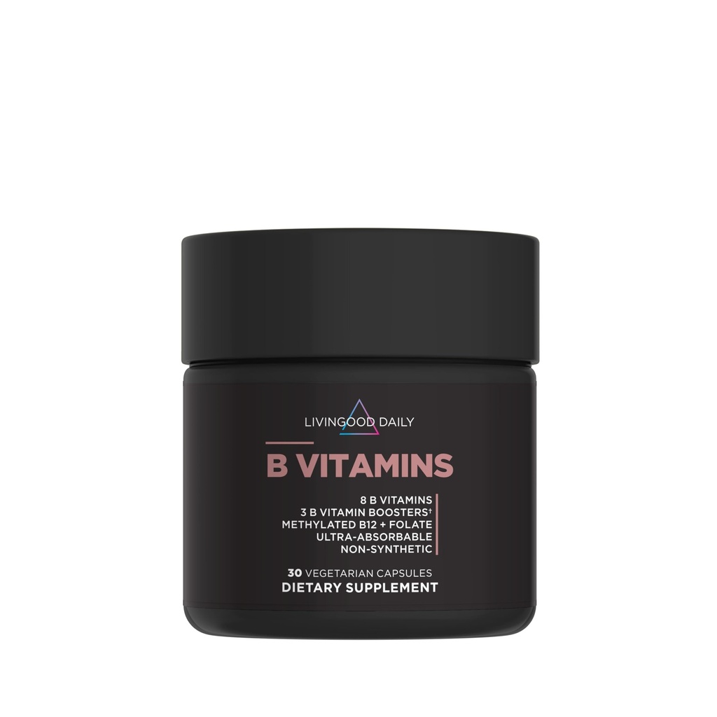Livingood Daily Vitamin B Complex Capsules for Men and Women, Methyled B12 & Folate, 11 Aktivních forem včetně B1 B2 B3 B5 B6 & Biotin, Gluten Free, Vegan B Vitamíny pro vlasové kožní nehty, 30 Kapsle