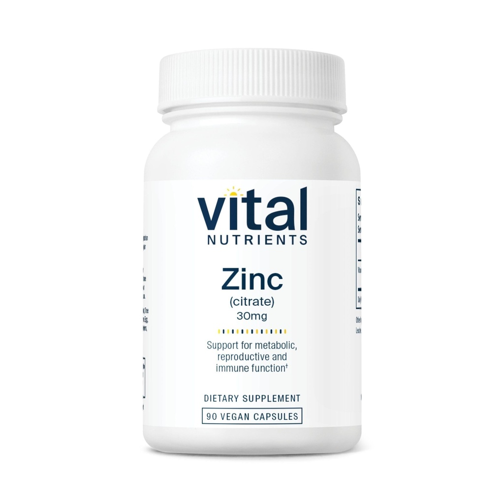 Vital Nutrients Zinek Citrát 30mg FLAVIS 124; Snadno Absorbovaný doplněk imunitní podpory * FLAVIS 124; Vegan FLAVIS 124; Gluten, Dairy, Soy Free FLAVIS 124; Non- GMO FLAVIS 124; 30mg FLAVIS 124; 90 Kapsle