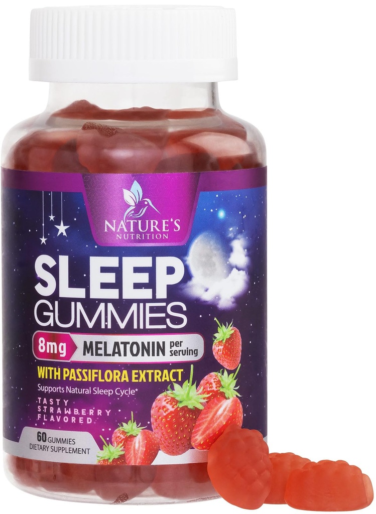 Spánkové gumy pro dospělé Extra síla 8 mg - Melatonin s Passiflora extrakt pro klidový spánek - rychle působící melatonin spánkový glumin dodatek, Vegan, Non- GMO, Chutné jahodové aroma - 60 Gumy