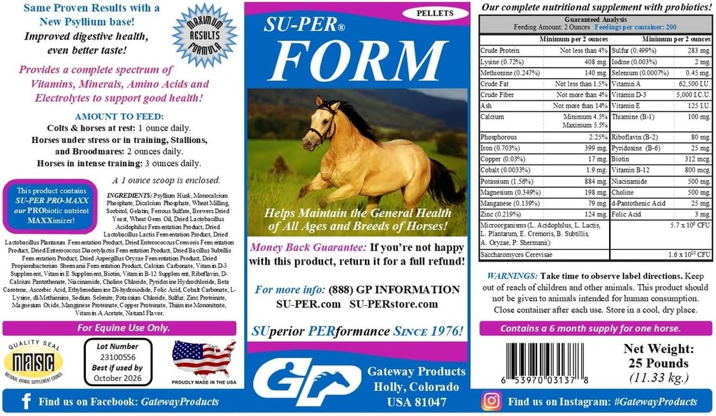 Su-PER forma Vitamíny koní a minerální pelety - Nutriční dodatek s probiotika - Vitamíny, Minerály, Aminokyseliny a elektrolyty - Pomáhá udržovat obecné zdraví - 25 Pounds, 6 Měsíční dodávky