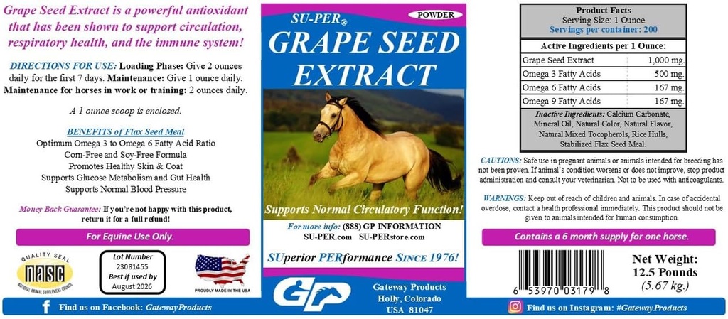 SU-PER Grape Seed Extract Horse Antioxidant - Doplněk k antioxidantu koní pro výkonnostní koně - Podporuje cirkulaci dýchacího zdraví a imunitního systému - 12.5 Litry, 6 Měsíce Dodávka