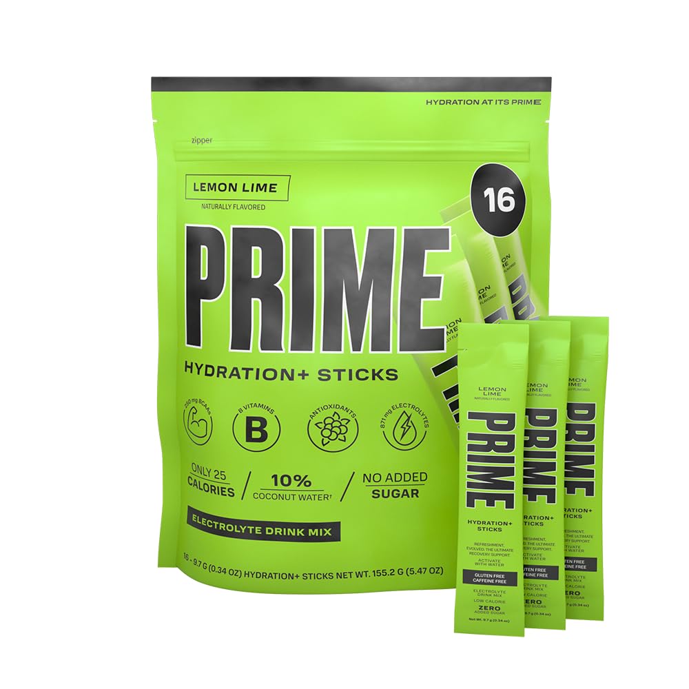 PRIME HYDRATION + Sticks Lemon Lime PHAR124; Hydration Powder Single Serve Sticks PHAR124; Electrolyte Powder On The Go GAR124; Low Sugar PHAR124; Caffeine- Free PHAR124; Vegan GAR124; 16 Sticks