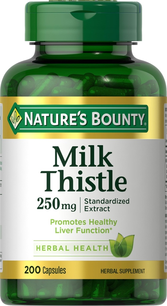 Nature 's Bounty Milk Thistle Kapsle, Tradičně používané pro zdraví jater, Bylinný dodatek, 250 mg na servírování, 200 Počet