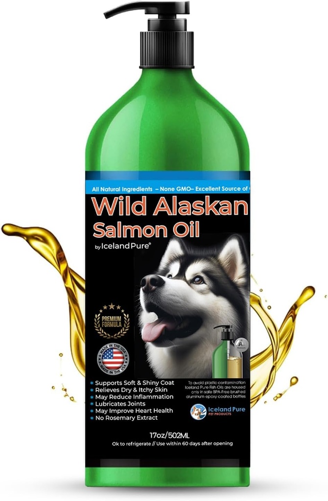 Wild Aljašský losos olej pro psy a kočky od Islandu Čisté 124; 1,043 mg Omega33 na Teaspoon O124; Salmon Oil & Pollock Blend O124; BPA-Free Brushed Aluminum Epoxy Coated Bottle with Pump - 17 oz