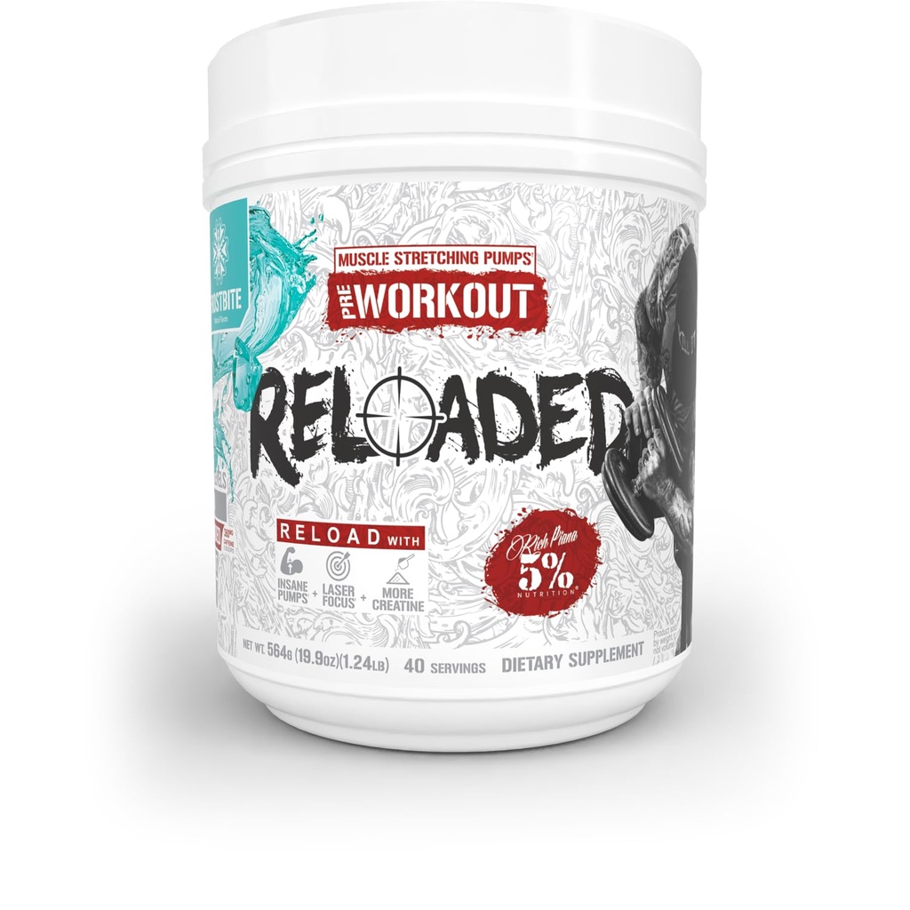 5% Nutrition Rich Piana Reloaded High Stim Pre- Workout 124; Ultra Energy, Focus, Pumps, Power & Endurance Found 124; Citrulline, GlycerSize, Nitrosigine, Creatine, Choline, Huperzin A (Omrzliny)