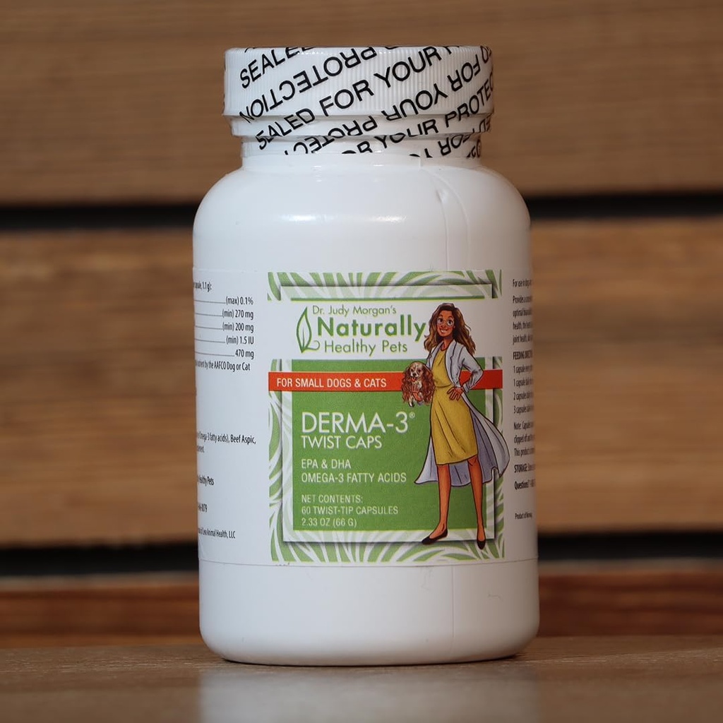Přirozeně zdravé domácí zvířata Dr. Judy Morgan Derma-3 Omega3 Rybí olej Twist Caps pro psy a kočky (malý)