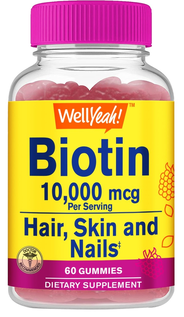 WellYeah High Potency Biotin 10,000 mcg Gummies - pro silnější vlasy, kůže a nehty - Vegan- Friendly, gluten- Free, Non-GMO, a Delicious Berry Flavor - 60 Gummies