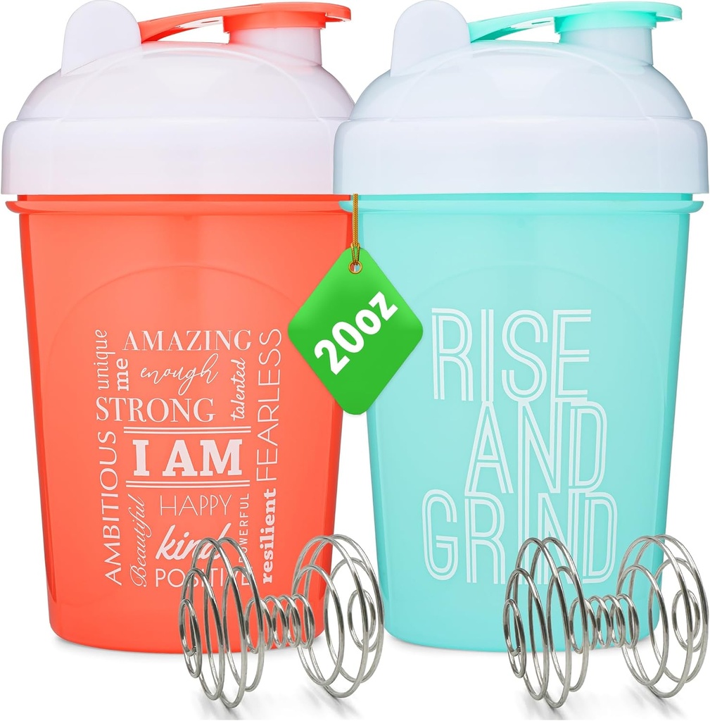 [2 Pack] 20- Ounce Shaker Lahvička s motivačními citáty (Coral & Mint) CLAN124; Protein Shaker Lahvička s míchačkami CLAN124; Milender Shaker Lahvička pro proteinové směsi Pack je BPA zdarma a myčka nádobí bezpečné