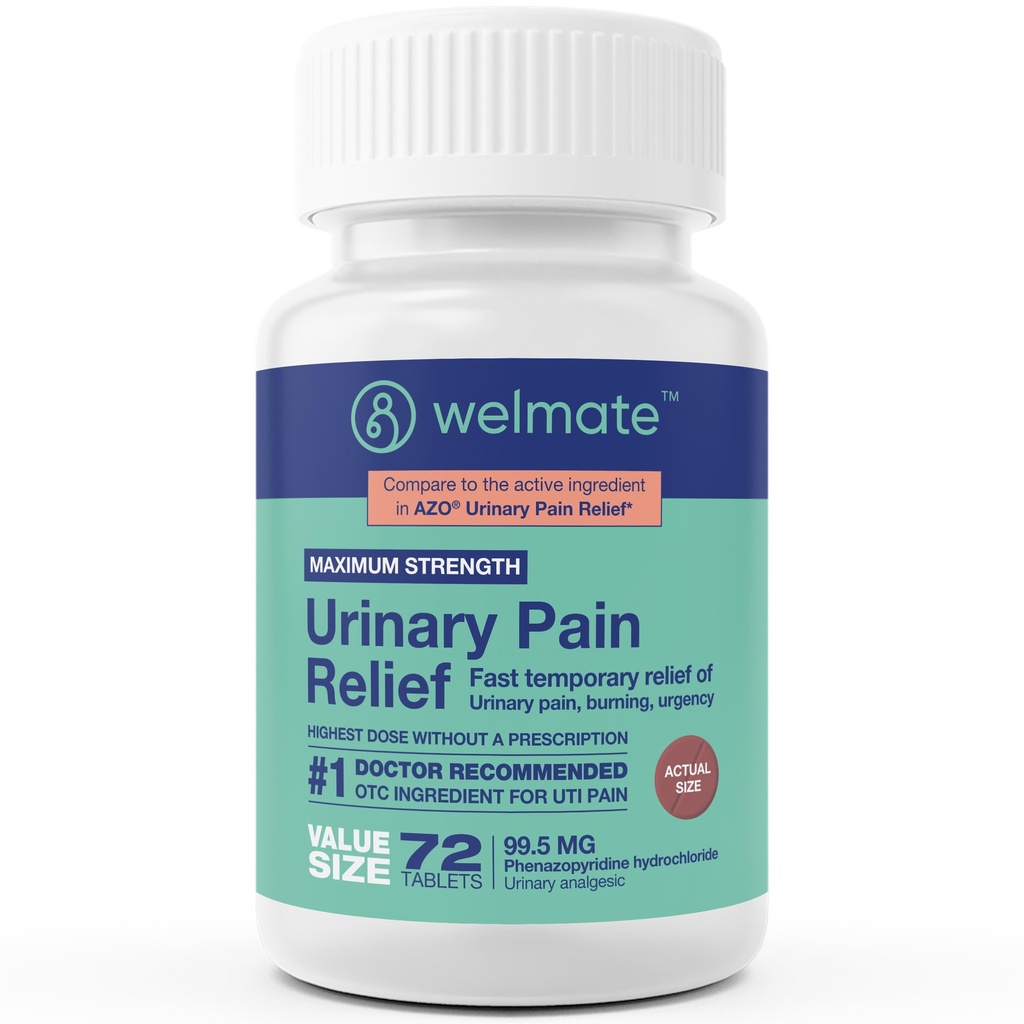 WELMATE - Reliéf nutriční bolesti (72 tablet) - Fenazopyridin Hydrochlorid 99, 5 mg - Bolest moče, urgentní a diskomfortní - Maximální síla - Over- The- Counter Medikace