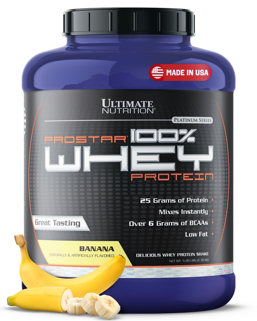 Ultimate Nutrition Prostar Syrovátkový prášek izolát, Banana - Nízké sacharidy, High Protein prášek Shake for Muscle Gain & Recovery - Nízké množství sodíku, Low- Fat & Keto Friendly - 5.28 liber Tub