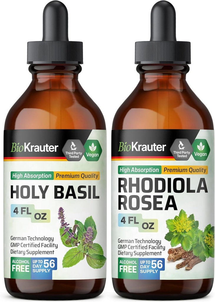 BIO KRAUTER Holy Basil Tincture 4 Fl. Oz. & Rhoddiola Rosea Tincture 4 Fl. Oz.