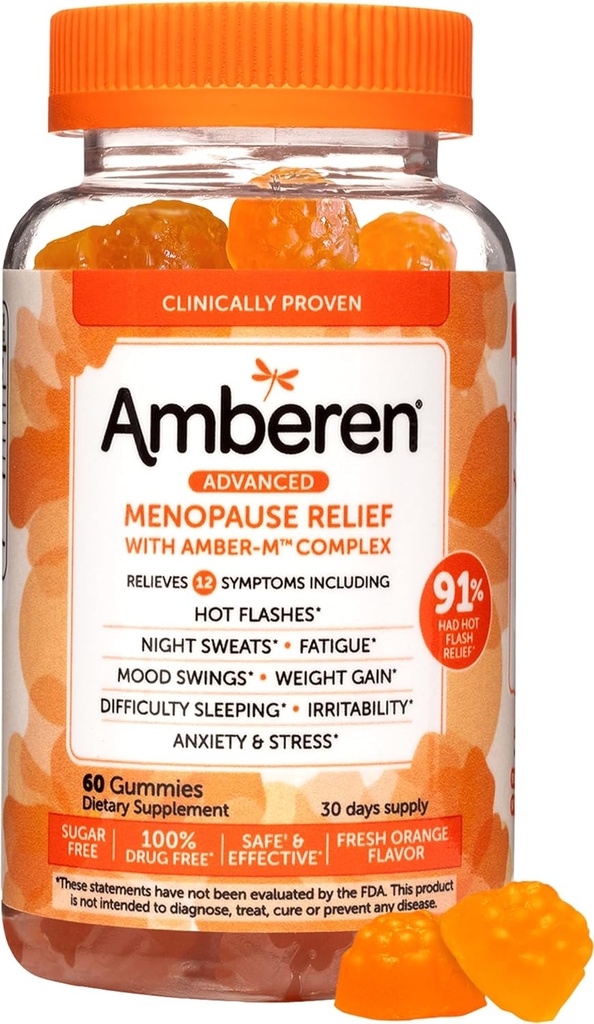 Amberen Menopauza Doplňky pro ženy, Multi- Symptom Relief, Vitamin E & Unique Amberen Compound, Pomáhá podporovat hormonální rovnováhu, Hot Flashes & Night Sweats, Cukr zdarma, Orange Flavor, 60 Gummies