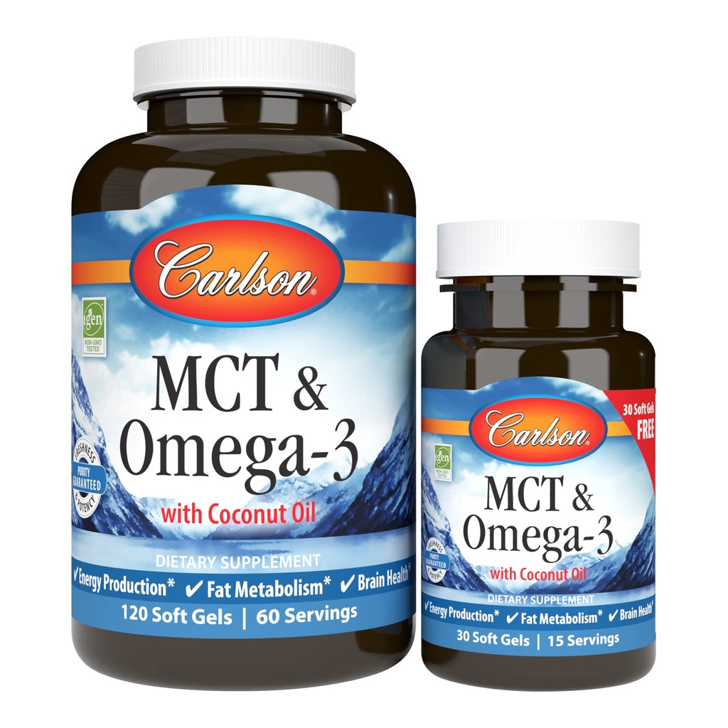Carlson - MCT & Omega33, Kokosový olej, Kapsle & Capric Acids, EPA & DHA, Energy Production, Fat Metabolism & Brain Health, 120 + 30 Softgels