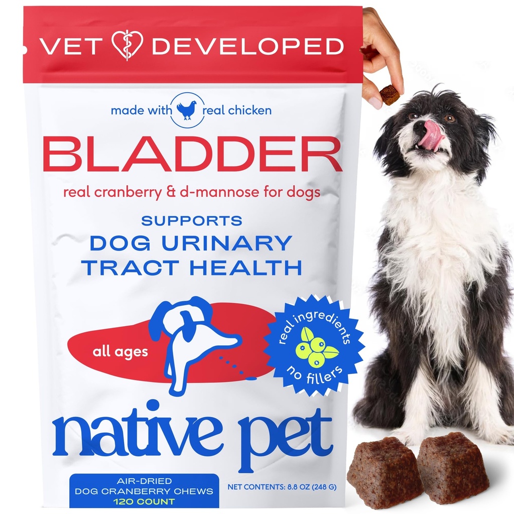 Nativní Pet Dog UTI Léčba - Cranberry dodatek pro psy Kontrola močových měchýřů & Podpora ledvin - Zabraňte infekci močových cest a inkontinence moči - Made with Real Cranberry Extract - 120 Žvýkačky