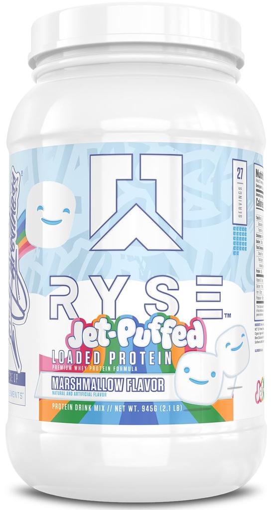 Ryse Loaded Protein Powder - Jet- Puffed Marshmallow - 25g Syrovátkový protein izolát a koncentrát s prebiotickou fiber & MCTs - Nízký karb, Nízký cukr, Digestive- Friendly - 27 Servings / 2 LB Tub