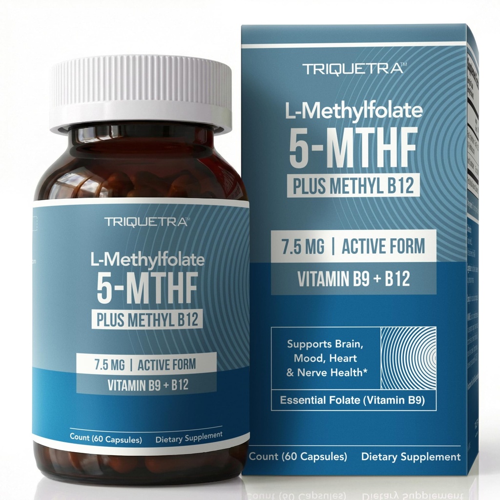 L Methylfolát 7, 5 mg plus methyl B12 - Aktivní 5-MTHF formulář, MTHFR dodatek - Bloodstream Ready Methylovaný folát + B12 Kofaktor - Podporuje mood, Homocystein Methylace, Kognitivní (60 Kapsle)