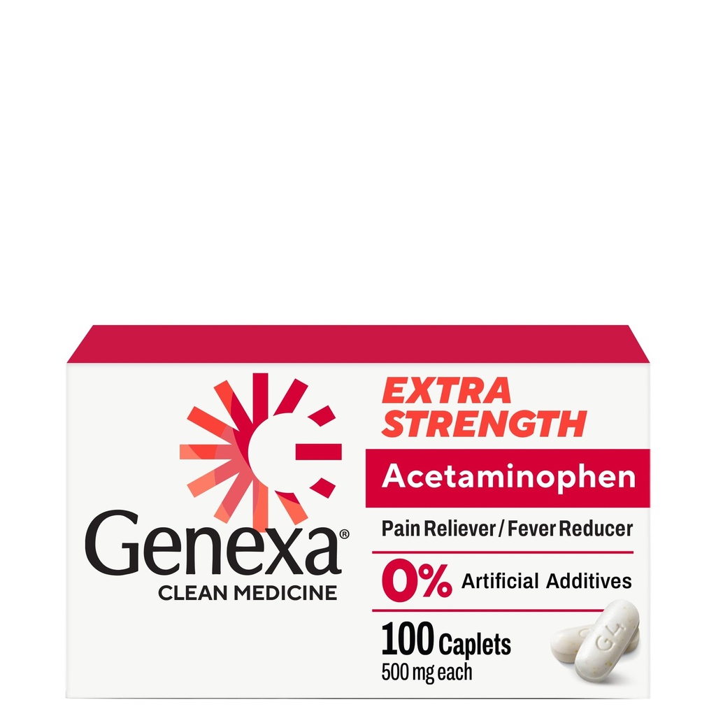 Genexa Clean Acetaminophen 500mg Extra Strength, Barvy Free Pain Reliever Fever Reducer, 0% Umělé přísady, Pain Medicine pro dospělé, Zmírňuje bolest hlavy, Bolest zad, Menší artritida Bolest, 100 tablet