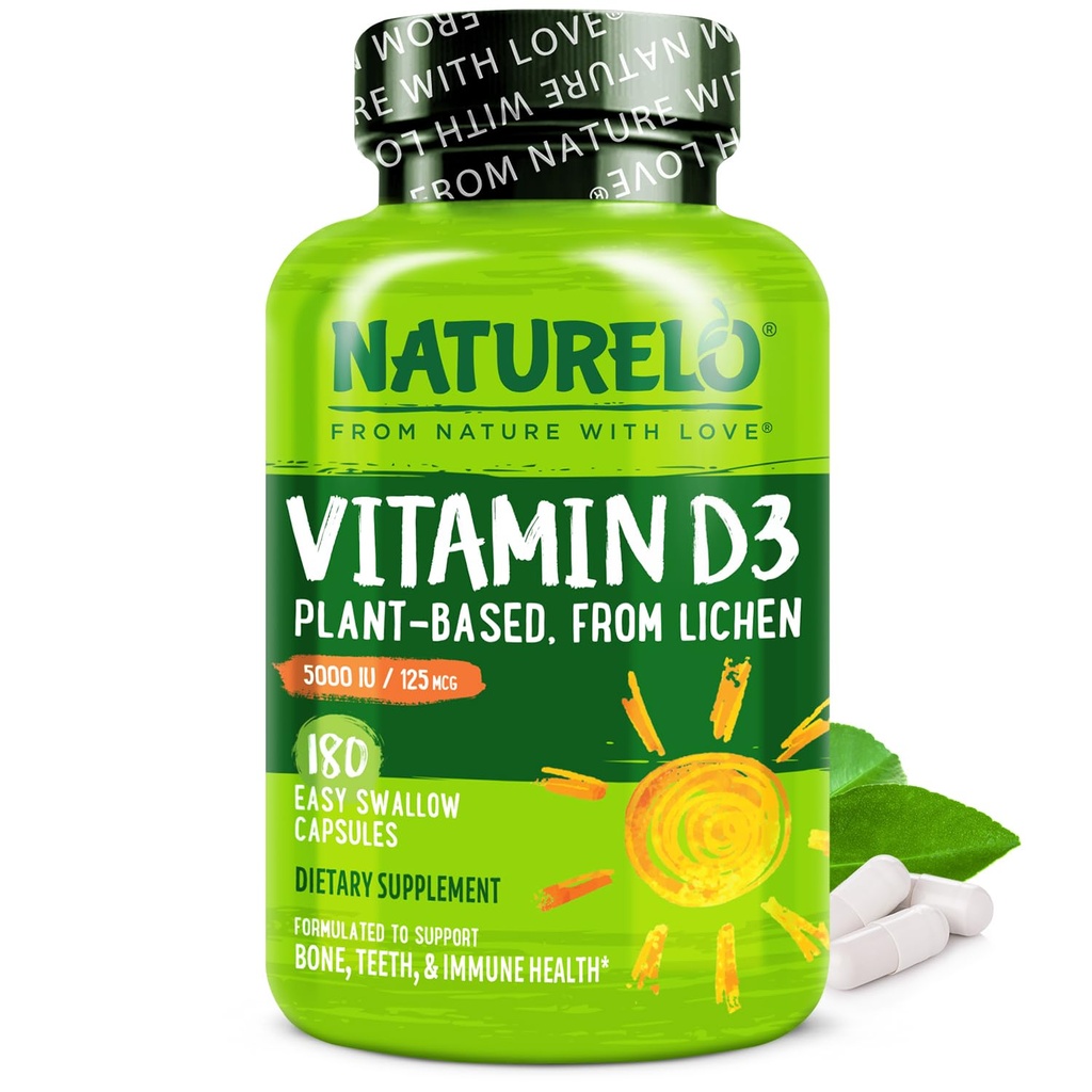 NATURELO Vitamin D - 5000 IU - Plant based from Lichen - Natural D3 Supplementary for Imunitary System, Bone Support, Joint Health - High Potency - Vegan - Non- GMO - Gluten Free - 180 Kapsle