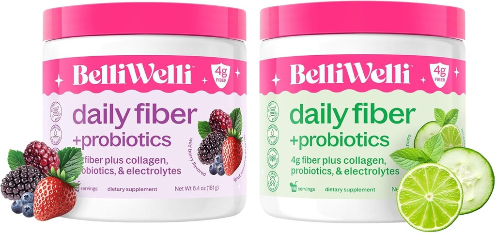 Daily Fiber Supplement Bundle with Collagen, Probiotics & Electrolytes - Podporuje trávicí zdraví, Regularita a zdraví pokožky - Cucumber Lime Mint & Wild Berry Flavors - 32 Služeb Celkem