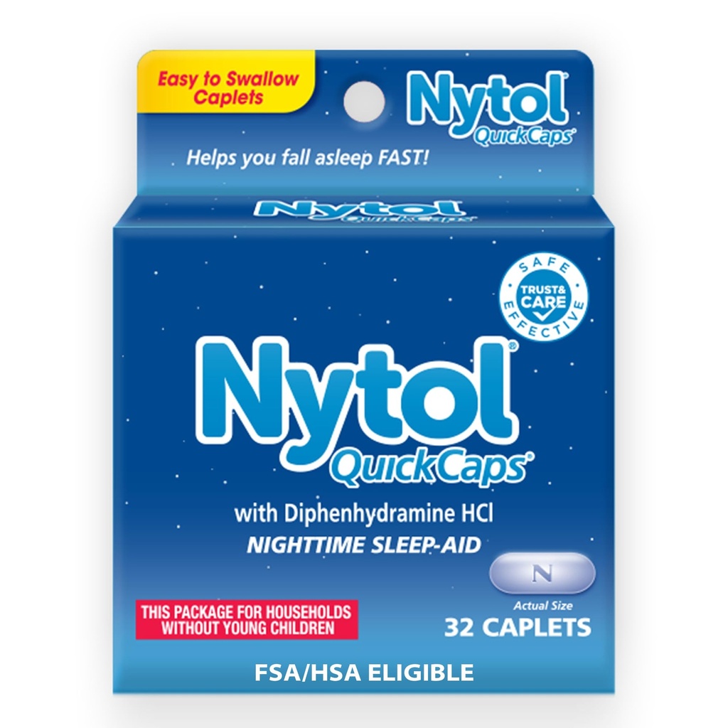 Nytol Quick Caps Noční spánková pomoc s Difenhydramine HCI, Easy- to- Polykat Kapsle k pádu spánku rychle, 32 Počet