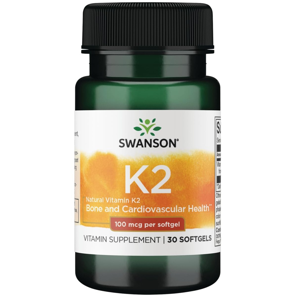 Swanson Vitamin K2 (Menaquinone- 7) - vitamin dodatek podporující kardiovaskulární a kostní zdraví - Vyrobeno z japonského Natto pomoci regulovat vápník - (30 Softgels, 100mcg každý)