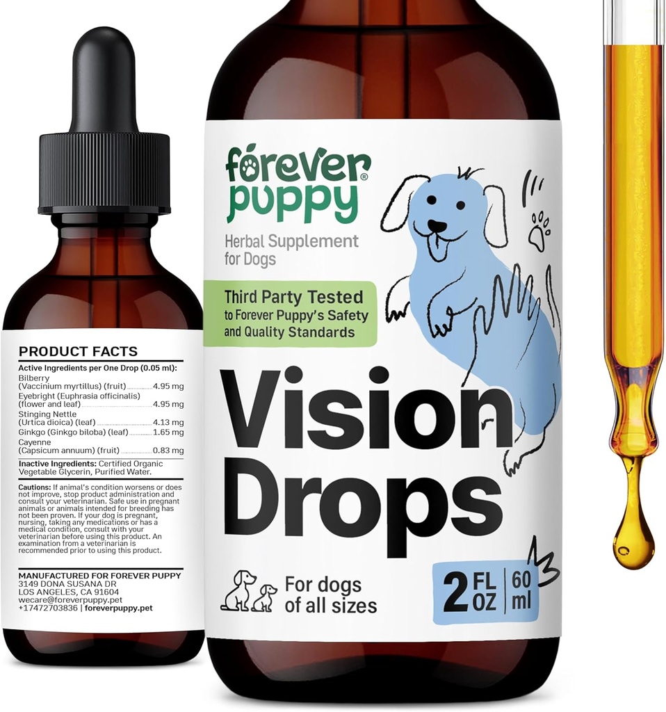 Navždy štěňata Vision doplňky pro psy - Oční tinktura w / Bilberry & Eyebright Herb - Všechny Breeds & Sizes - Tekutý pes doplňky stravy pro Vision Support & Eye Clarity - Cukr & Alkoholicko-zdarma - 2 oz