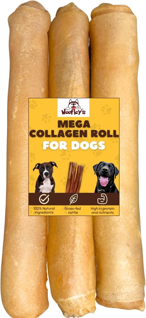 Woofley Extra Thick Collagen Roll (10-12 Inch - 3 PCS) - Chews for Dogs - Bully Stick Rawhide Alternative Dog Chews No Hide Bones for Medium & Large Dogs