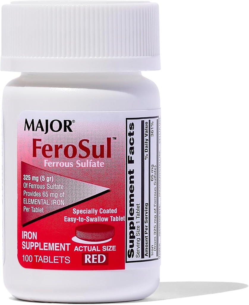 Major Ferosul - Železný sulfát 325mg tablety s 65mg elementárního železa - Železný dodatek pro ženy, muže - Červená - 100 Počet