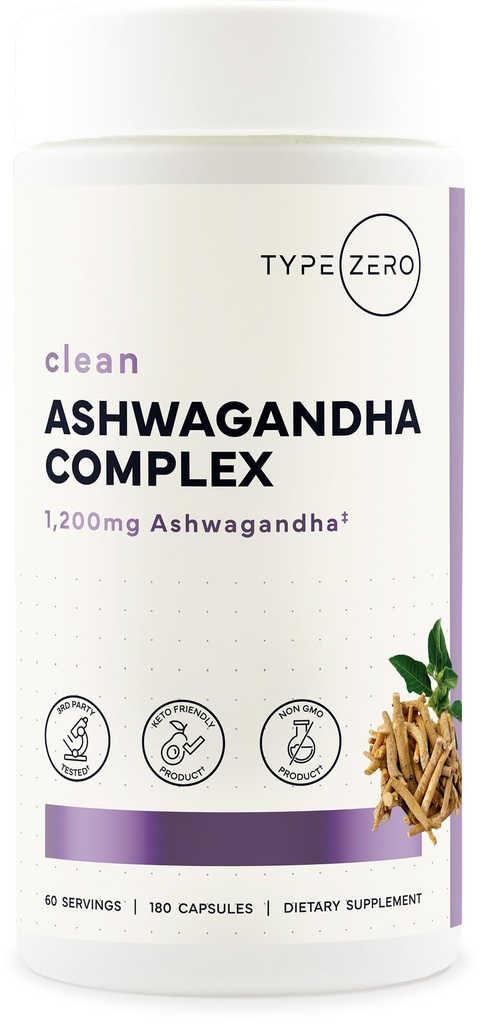 Typ Zero KSM- 66 Ashwagandha Root Extract 1,200mg, 60 Servings - High Potency 5% Witanolides - s kurkumou, Rhoddiola Rosea a BioPerine Black Pepper Extract - 180 Veggie Caps