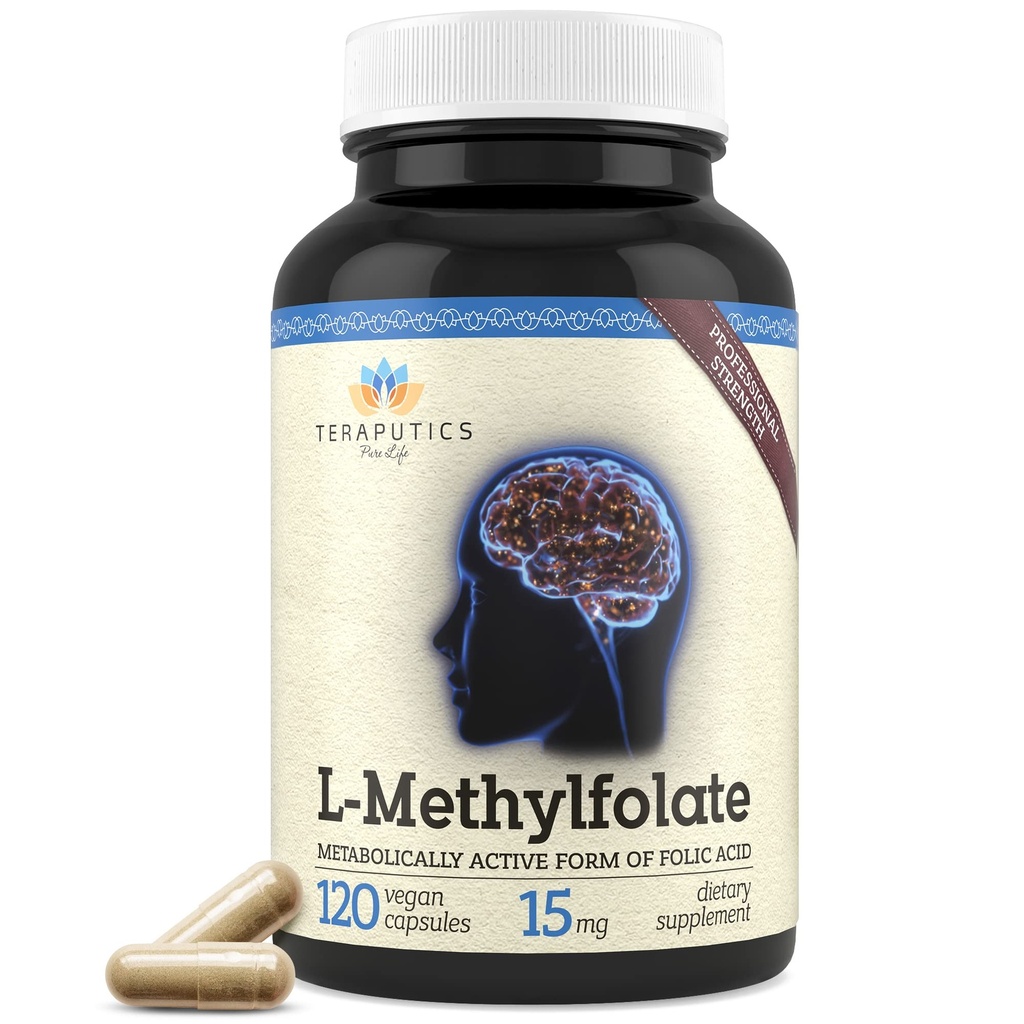 Teraptika L- methylfolát 15mg insulinum 124; 120 Vegan Kapsle 124; Premium Capsle 124; 5- MTHF Active Methyl Folate Supplement for Mood Homocysteine Methylation - Non- GMO gluten- Free, No Fillers - Folic Acid Brain Support
