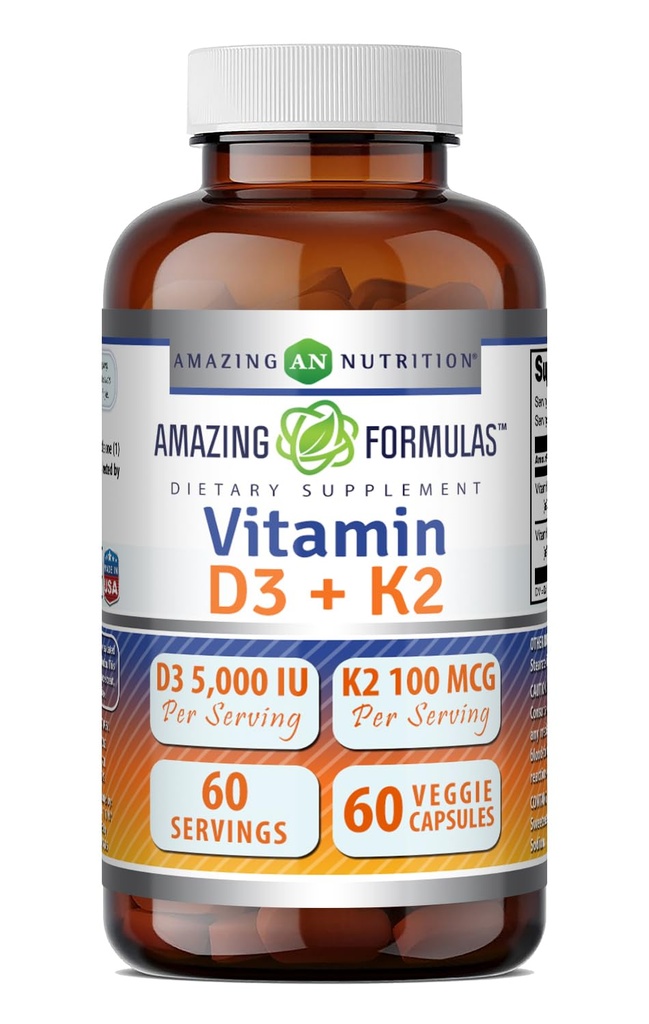 Úžasný vitamín D3 5000 IU s vitaminem K2 100 mcg CLAS124; D3 + K2 Complex Supplementary CLAS124; Veggie Capsules CLAS124; Non- GMO CLAS124; gluten Free CLAS124; Made in USA (60 Count)