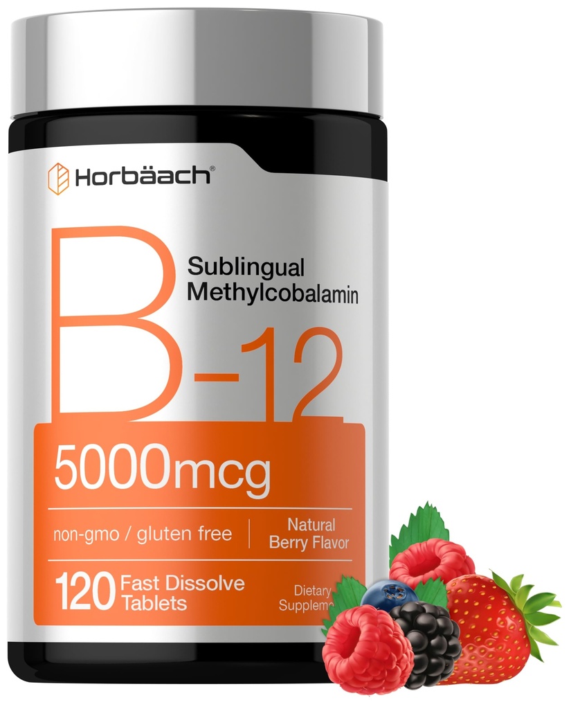 Horbäach B12 Vitamin 5000 mcg colum124; 120 Fast Disolution Tablet CLAS124; Sublingual Methylkobalamin CLAS124; Vegetarian, Non- GMO & gluten zdarma dodatek