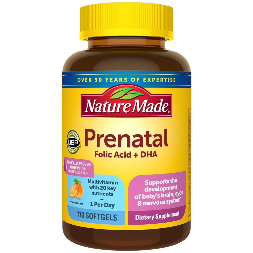 Příroda vyrobena Prenatal s kyselinou listovou + DHA, Prenatal vitamin a minerální doplněk pro denní nutriční podporu, 110 Softgels, 110 denní dodávky