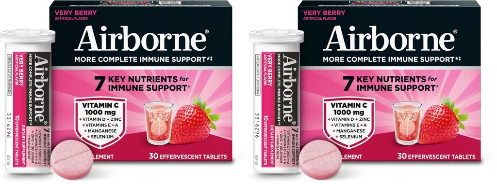 Airborne 1000mg vitamin C s vitaminem D & zinek, cukr zdarma Multivitamin Imunitary Supplement, Antioxidanty Vitamíny A C & vitamín E, 30 Effervescentní tablety, Velmi Berry Flavor (Balení po 2)