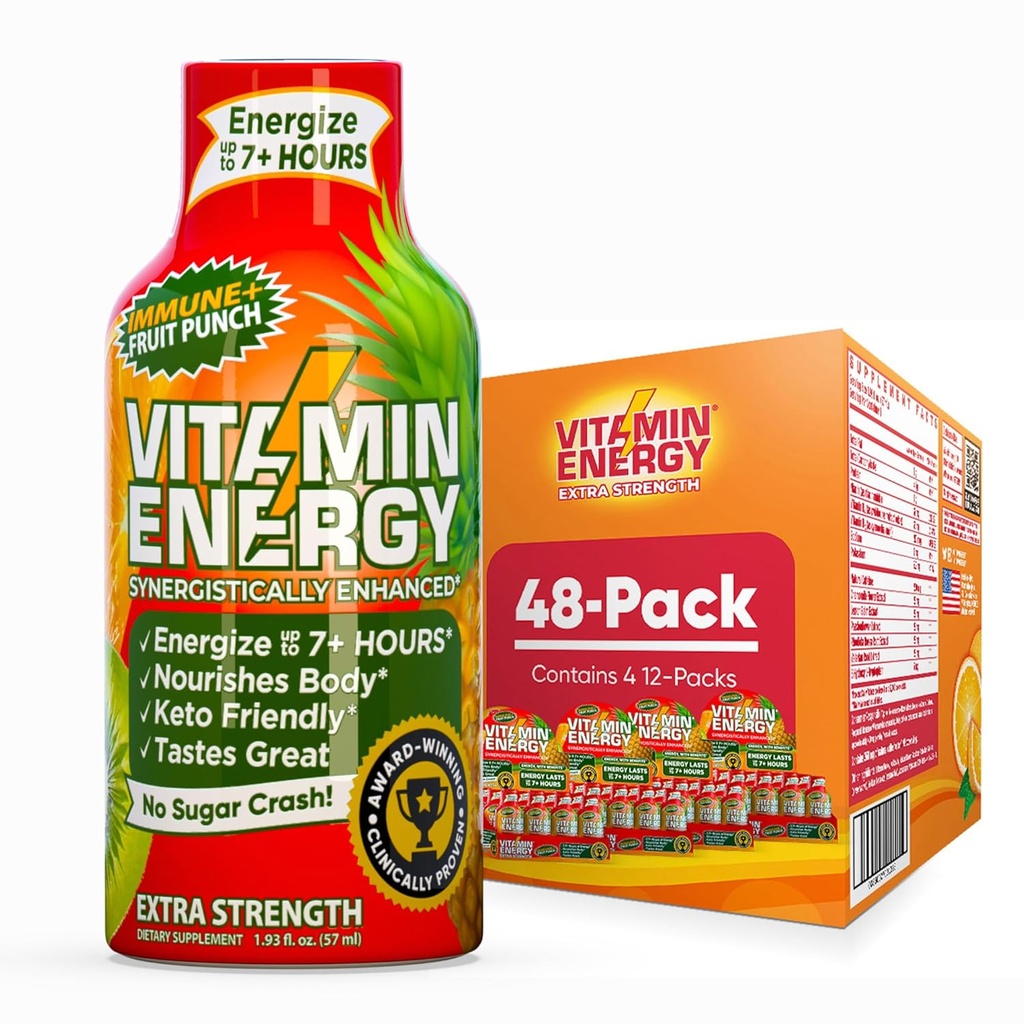 Vitamin Energy Imunní + Extra Síla Energy Shot Fruit Punch 48 Pack, 260mg přírodní kofein, B-Vitamíny, Citicolin, Green Tea, Imunity & Focus Support, Nulový cukr, gluten- Free 1.93 fl oz
