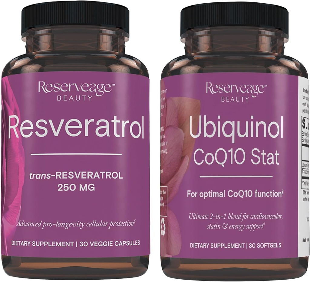 Reserved Beauty, Resveratrol 250 mg, Antioxidant dodatek pro srdce a buněčné zdraví 30 Caps & Ubiquinol CoQ10 Stat - Podpora pro kardiovaskulární systém, energetické hladiny a buněčné zdraví - 30