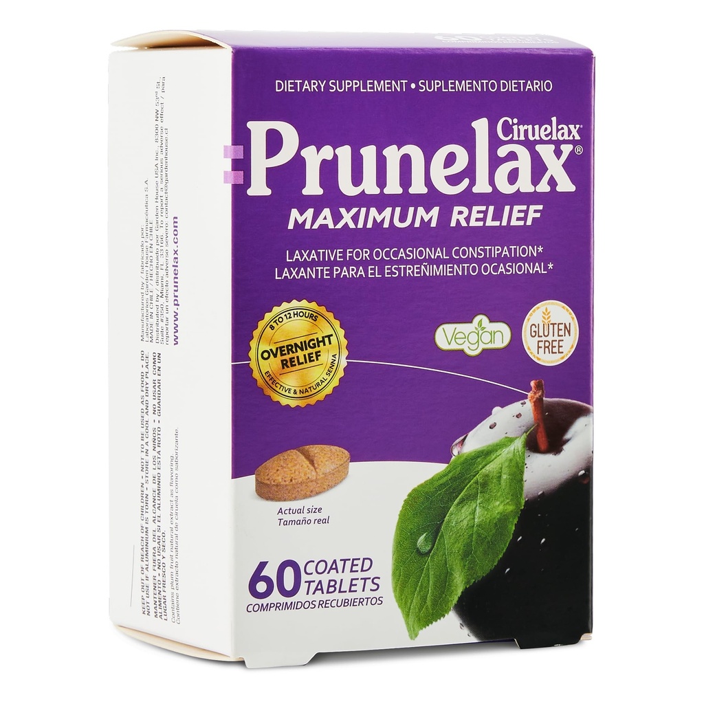 Prunelax Ciruelax Maximum Relief Laxative Tablety s přírodní Senna pro příležitostné zácpy, Senna Extract, Vegan & gluten- Free, Gentle Overnight Relief - 60ct