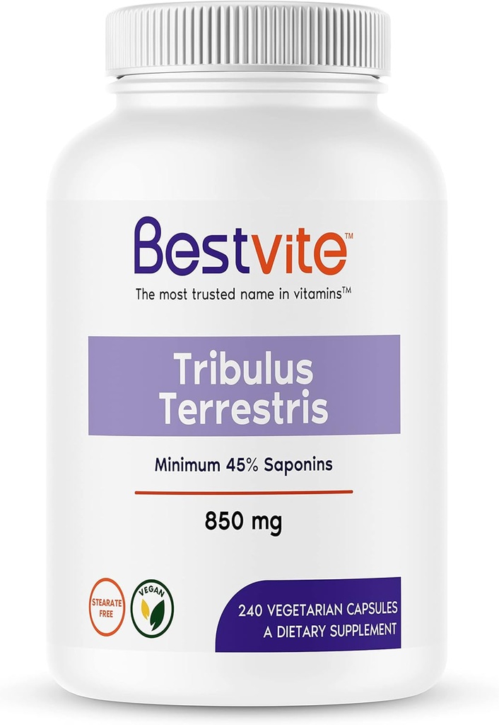 BESTVITE Tribulus Terrestris 850mg na kapsli (240 Vegetariánských kapslí) - Standardizovaný extrakt - Min 45% Saponiny - No Stearates - No Silicon Dioxide - No Fillers - Vegan - Non GMO - Gluten Free